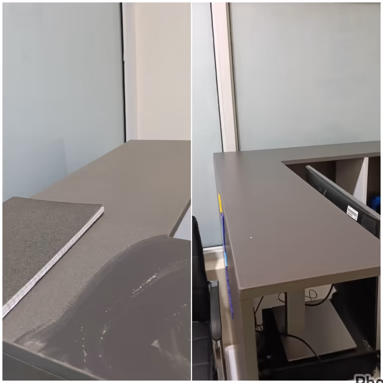 Before and after photo of an office desk deep cleaned by Shine On Cleaning Services in Nairobi