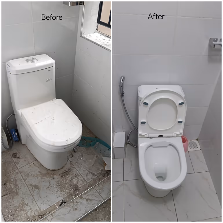 Before and after photo of a Nairobi bathroom toilet deep cleaned by Shine On Cleaning Services