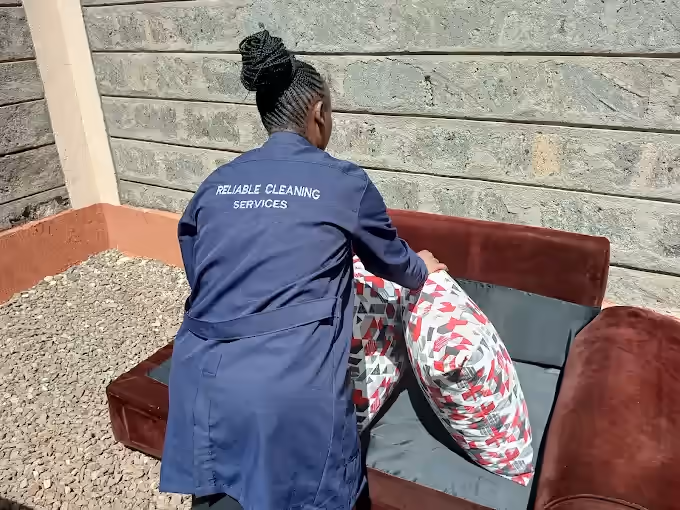 Shine On cleaner working on a maroon sofa