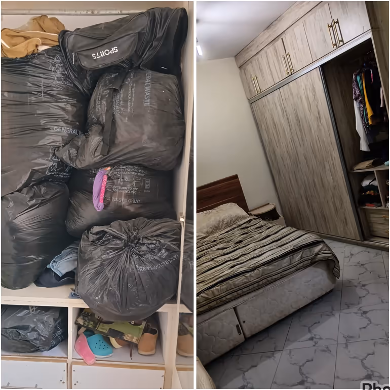 Before and after photo of clothing organized and a bedroom wardrobe tidied in Kiambu