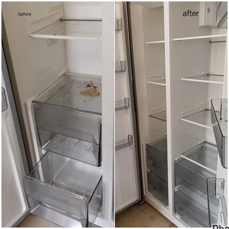 Before and after photo of a home refrigerator deep cleaned and sanitized in Kiambu