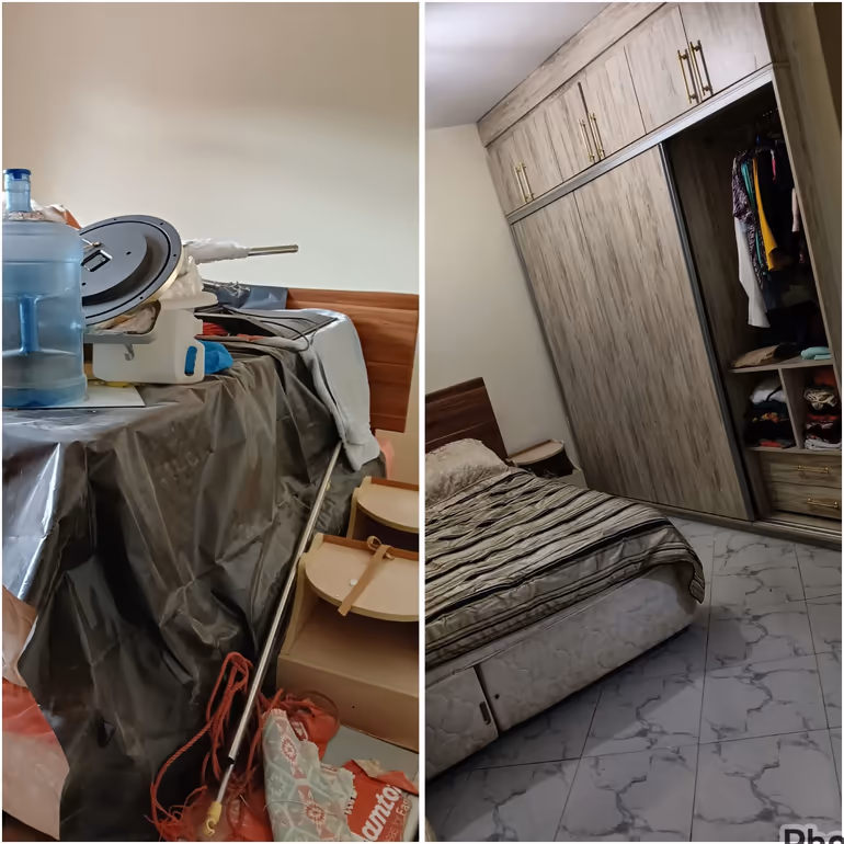 Before and after photo of a cluttered bedroom professionally cleaned and organized in Kiambu